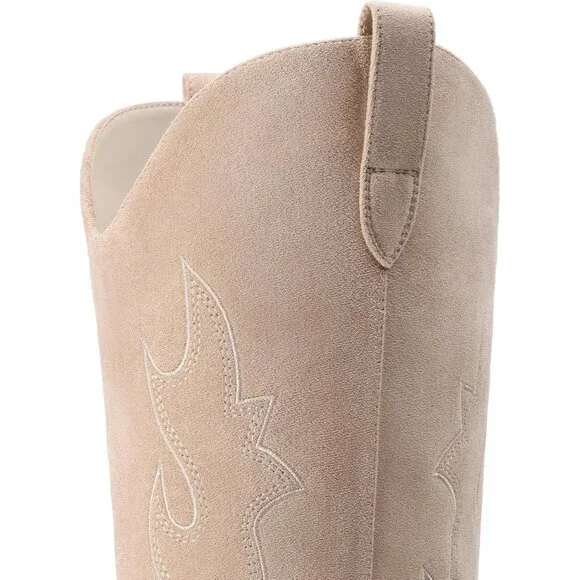 Women's Nude Western Cowgirl Boots Knee High Pointed Toe Chunky Block Heel - Picture 9 of 9